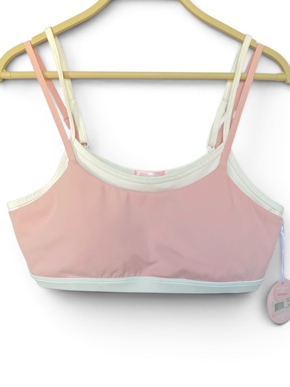 Posie Sports Bra Pink White Adjustable Straps Padded Wireless Yoga Gym Workout L